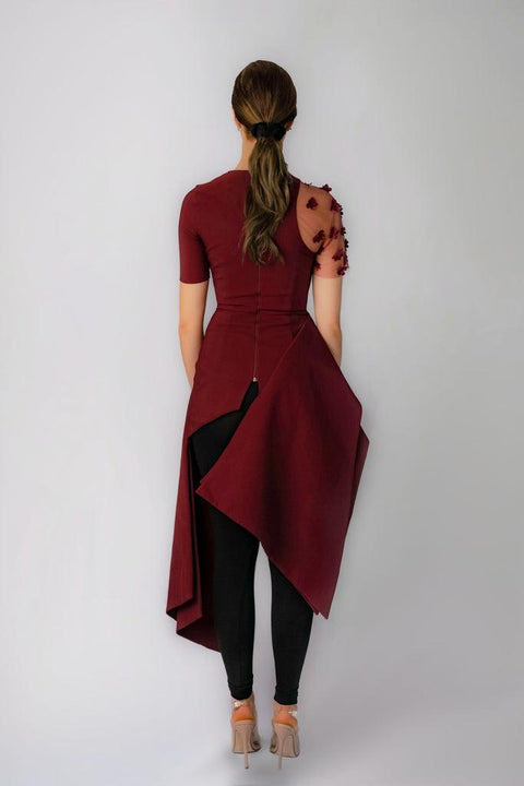 Anitabel | LEANNA STRUCTURED TOP WITH SHEER SLEEVE IN WINE RED
