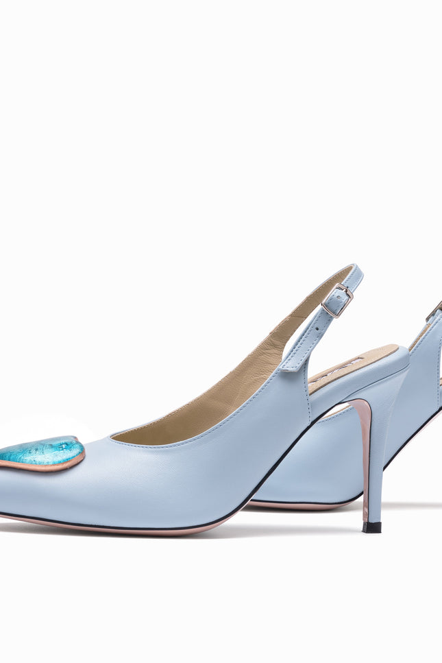 leather slingback stilettos baby blue gold blue glass hearts