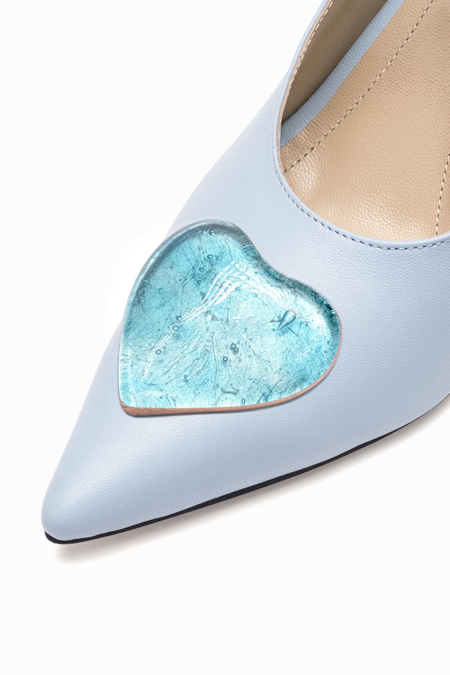 leather slingback stilettos baby blue gold blue glass hearts detail