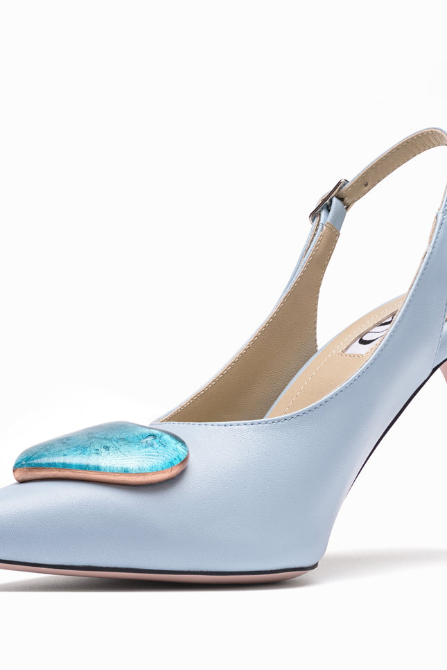 leather slingback stilettos baby blue gold blue glass hearts profile