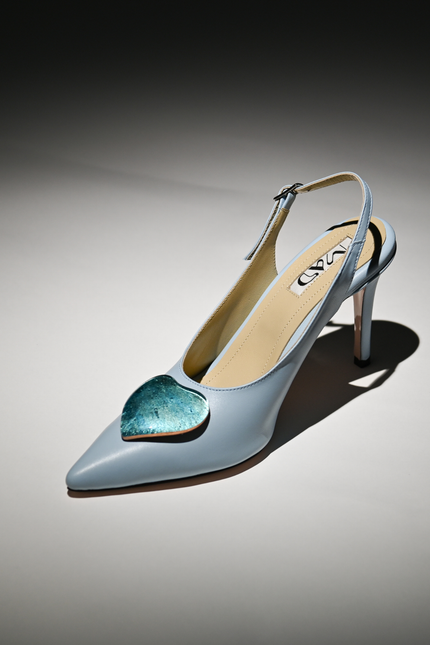 leather slingback stilettos baby blue gold blue glass hearts profile artistic