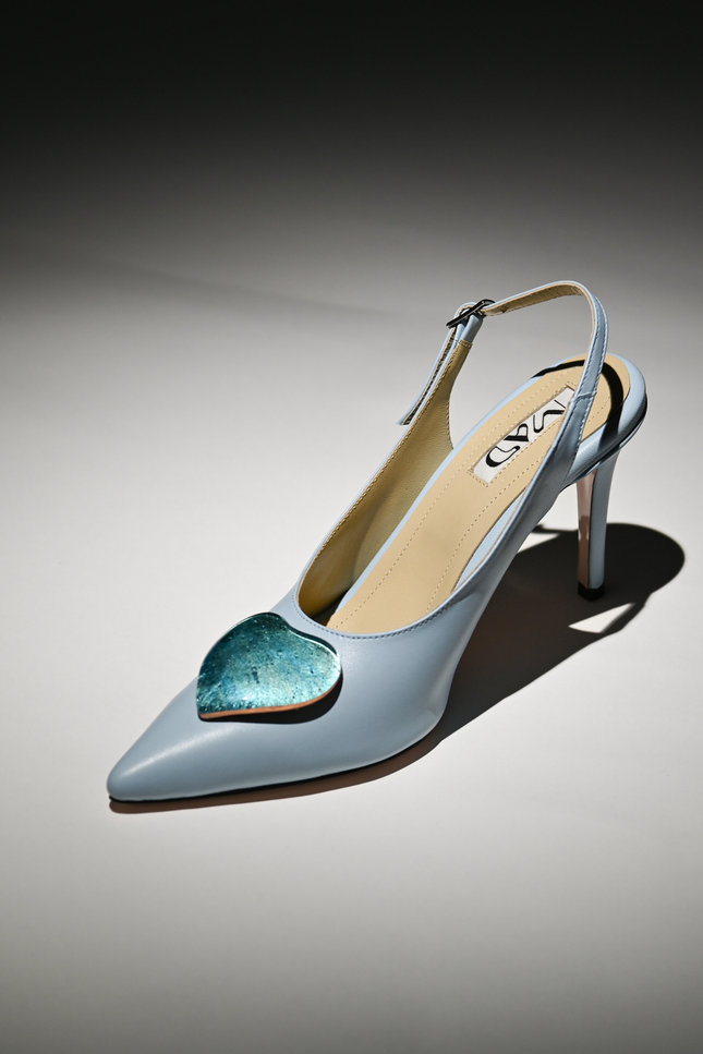 leather slingback stilettos baby blue gold blue glass hearts profile artistic