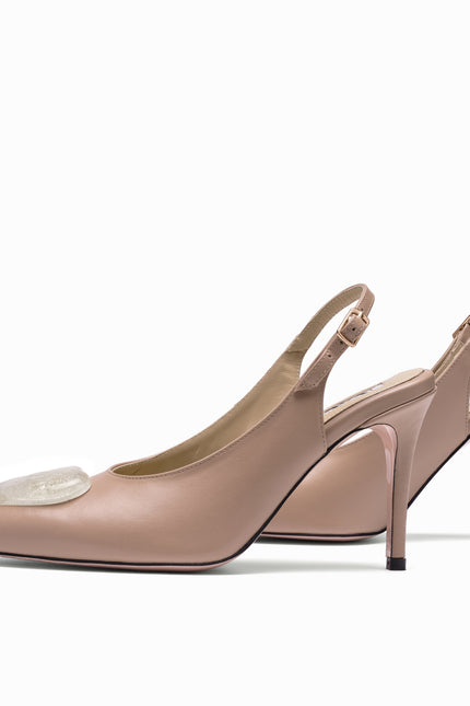 leather slingback stilettos beige with gold glass hearts