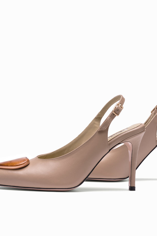 leather slingback stilettos beige with gold glass hearts cognac
