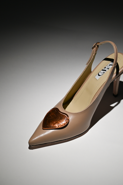 leather slingback stilettos beige with gold glass hearts cognac profile artistic