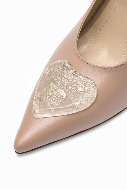 leather slingback stilettos beige with gold glass hearts detail