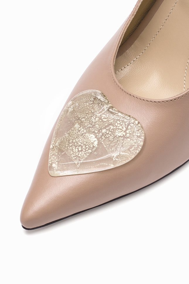 leather slingback stilettos beige with gold glass hearts detail