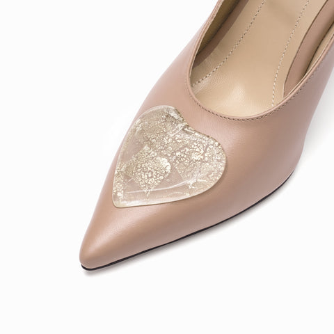 leather slingback stilettos beige with gold glass hearts detail