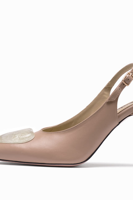 leather slingback stilettos beige with gold glass hearts profile