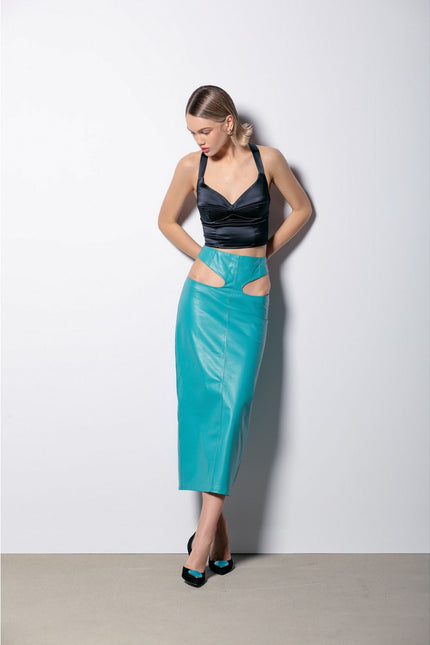 leather stilettos with blue glass hearts 24 karat gold and turquoise leather skirt 1