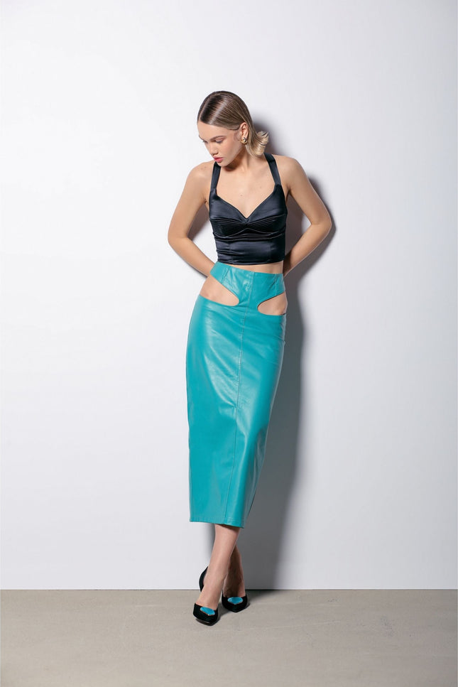 leather stilettos with blue glass hearts 24 karat gold and turquoise leather skirt 1