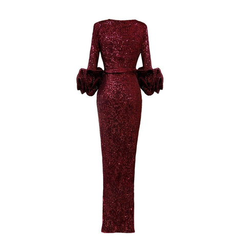 Anitabel | LONG WINE RED SEQUIN WRAP DRESS WITH STATEMENT SLEEVES