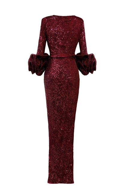 LONG WINE RED SEQUIN WRAP DRESS WITH STATEMENT SLEEVES - ANITABEL