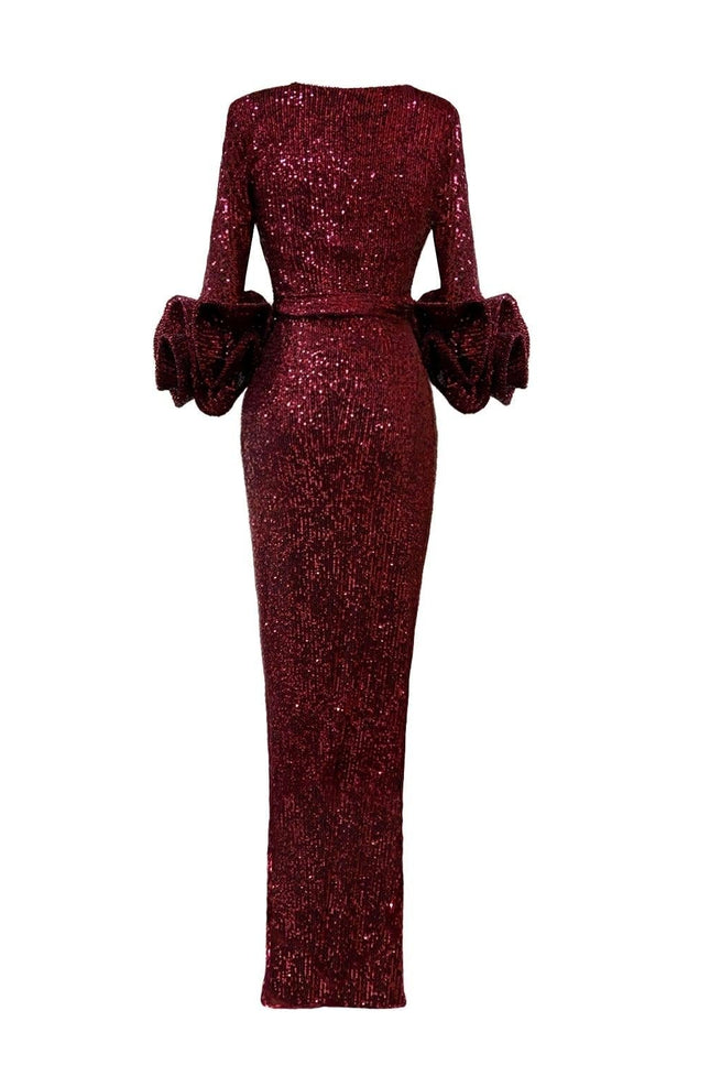LONG WINE RED SEQUIN WRAP DRESS WITH STATEMENT SLEEVES - ANITABEL