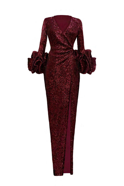 LONG WINE RED SEQUIN WRAP DRESS WITH STATEMENT SLEEVES - ANITABEL