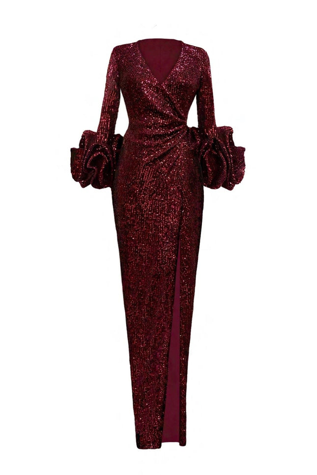 LONG WINE RED SEQUIN WRAP DRESS WITH STATEMENT SLEEVES - ANITABEL