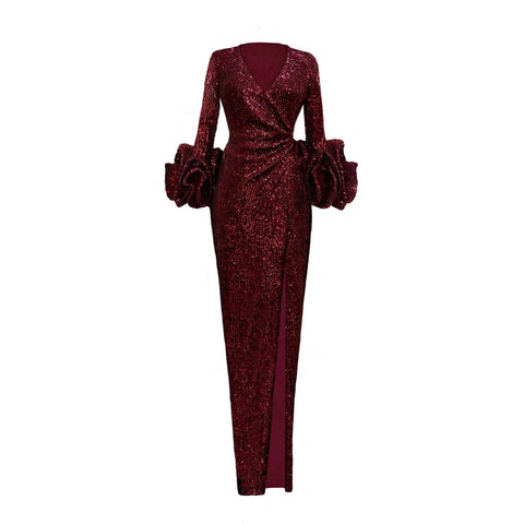 Anitabel | LONG WINE RED SEQUIN WRAP DRESS WITH STATEMENT SLEEVES