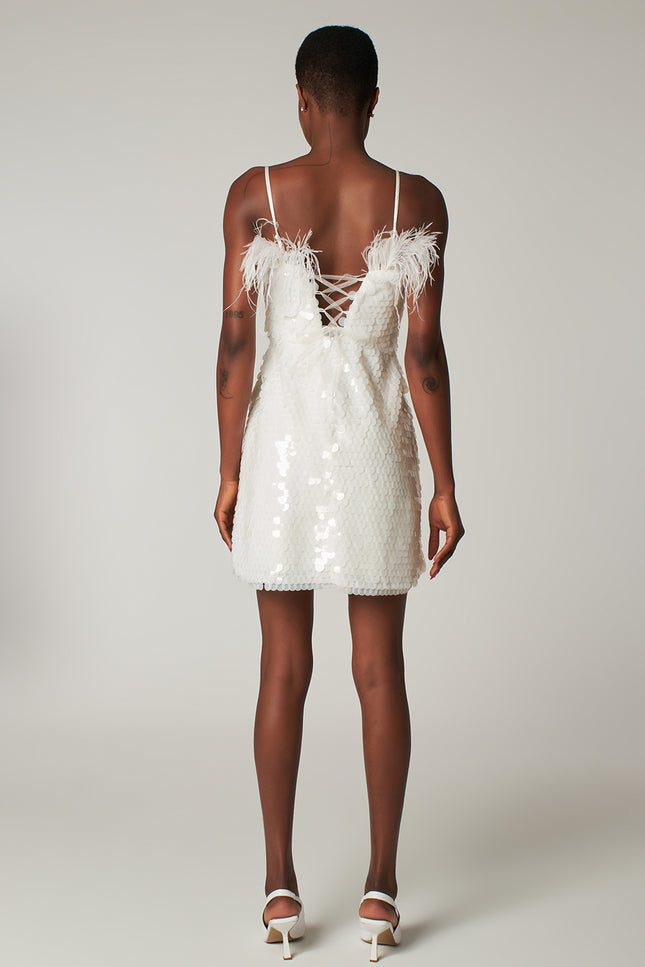Petra Petrova | White Payette Mini Dress With Feathers Luna