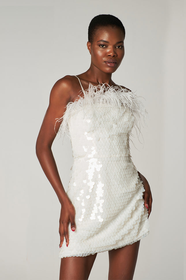 Petra Petrova | White Payette Mini Dress With Feathers Luna