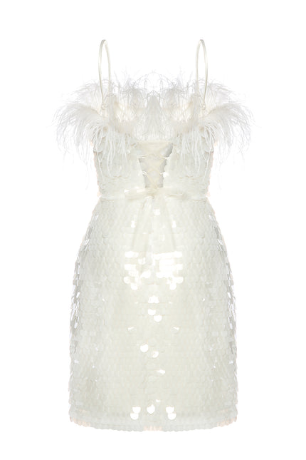 Petra Petrova | White Payette Mini Dress With Feathers Luna