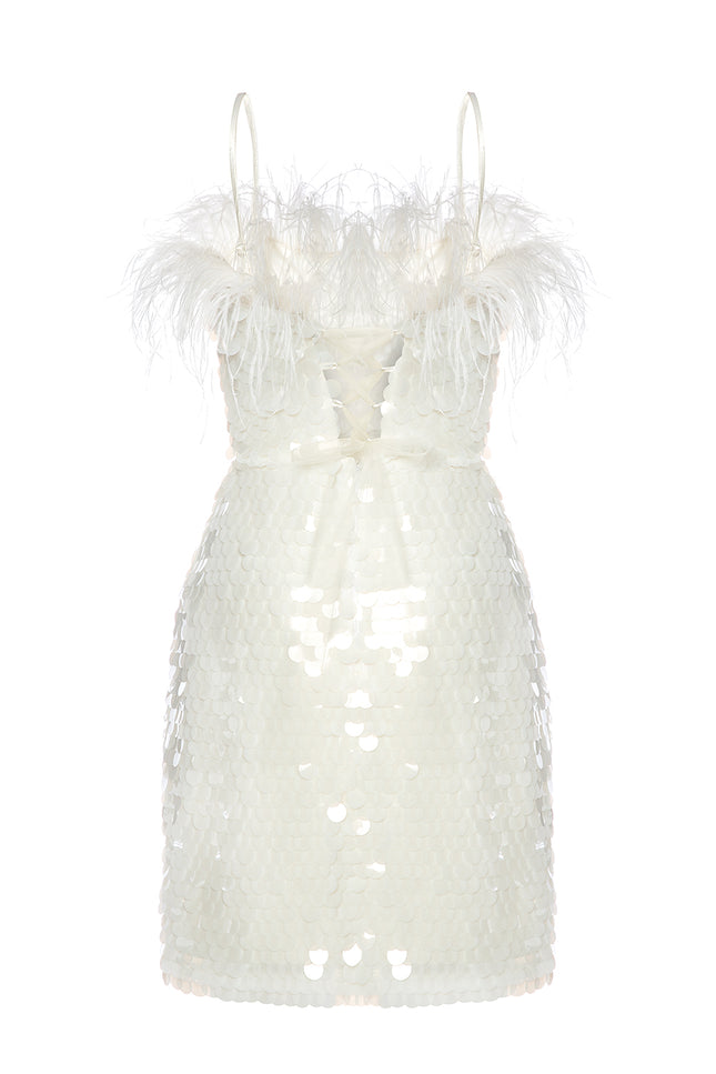 Petra Petrova | White Payette Mini Dress With Feathers Luna