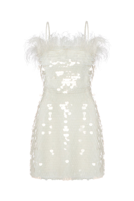 Petra Petrova | White Payette Mini Dress With Feathers Luna