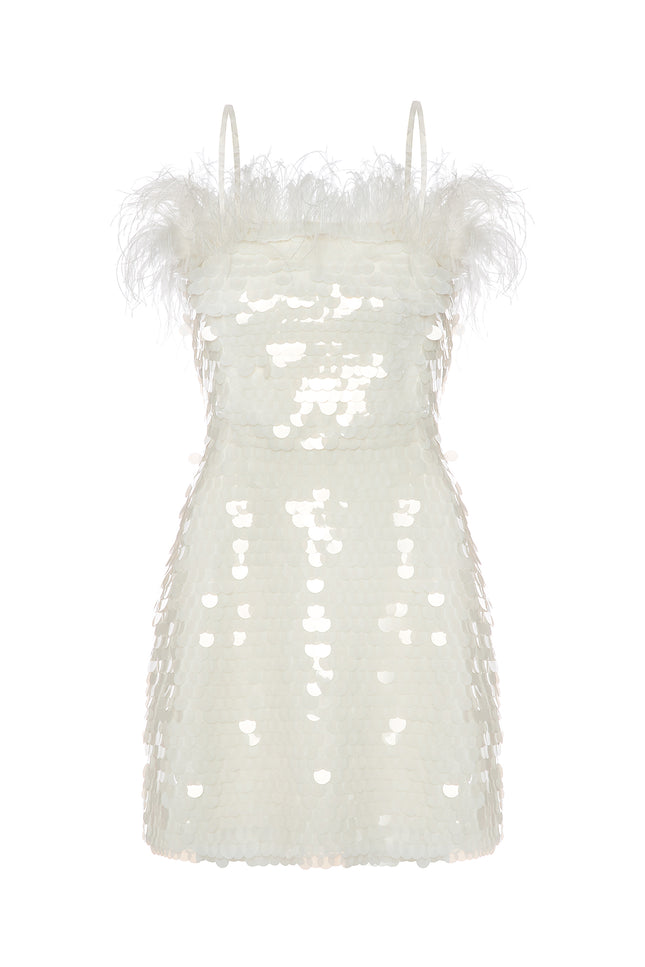 Petra Petrova | White Payette Mini Dress With Feathers Luna
