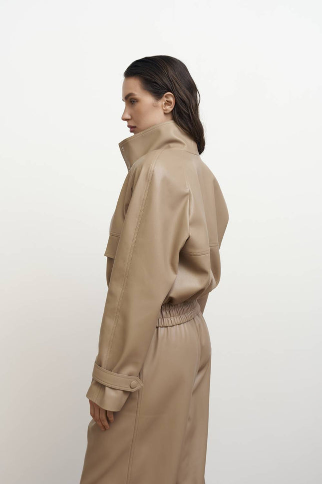 Kolosova | Beige Eco-Leather Bomber Jacket