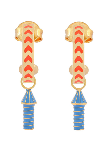 image of rocket enamel earrings in orange and blue and gold on white background
