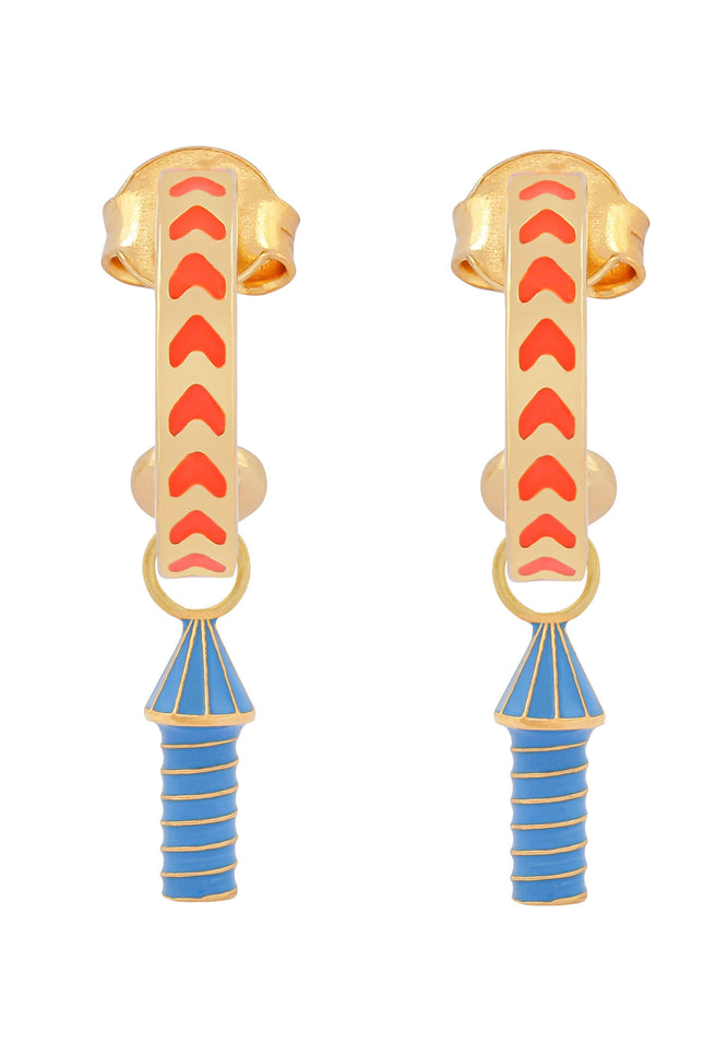 image of rocket enamel earrings in orange and blue and gold on white background