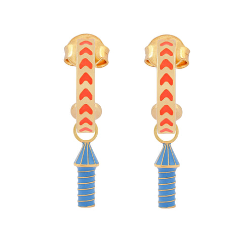 image of rocket enamel earrings in orange and blue and gold on white background