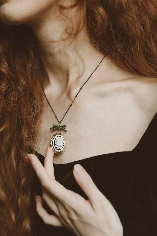 Poporcelain | Dark Romance Rose Oval Cameo Locket Pendant Necklace