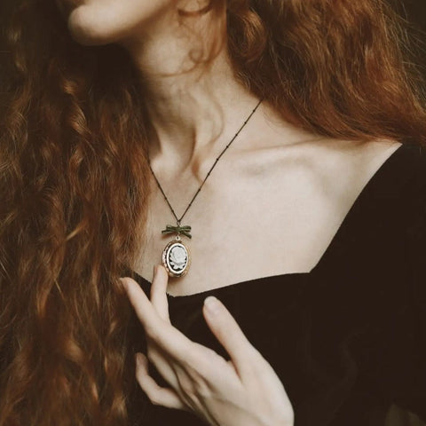Poporcelain | Dark Romance Rose Oval Cameo Locket Pendant Necklace