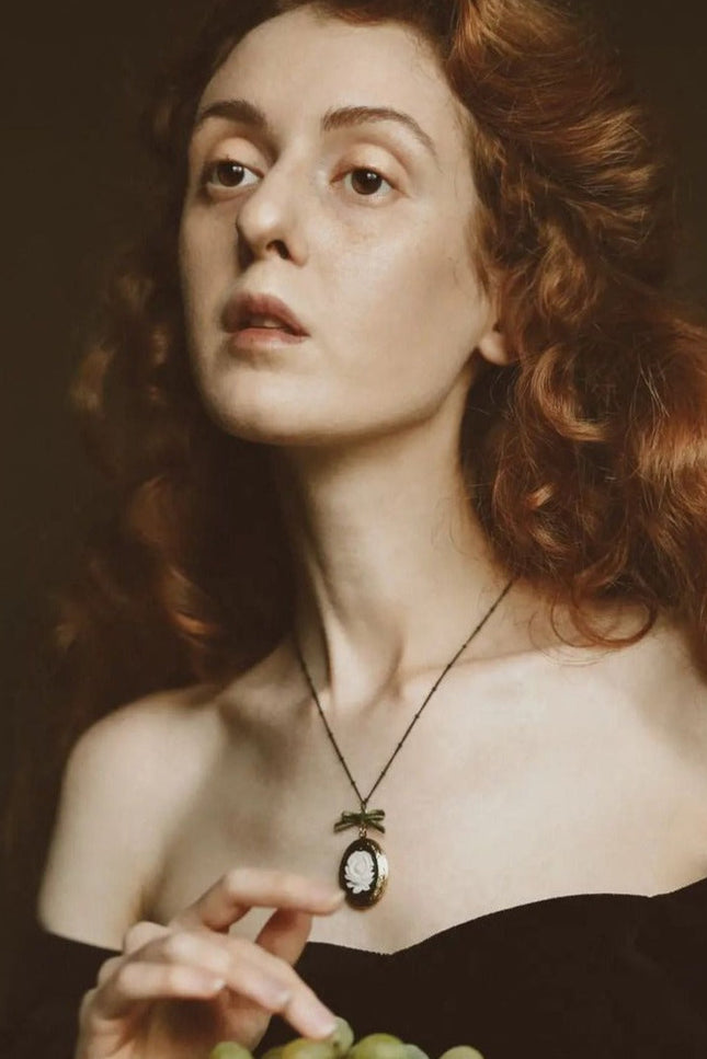 Poporcelain | Dark Romance Rose Oval Cameo Locket Pendant Necklace