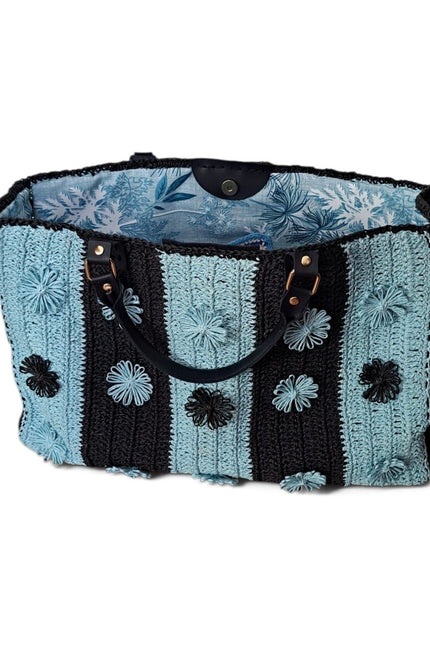 Springmoonatelier | Handmade Crochet Tote Bag – Blue & Black Large Shoulder Bag