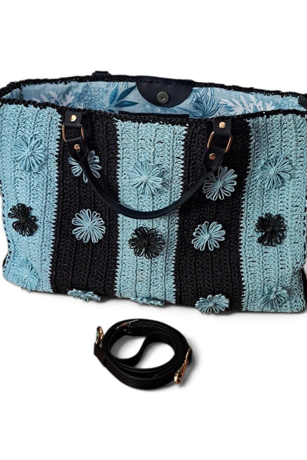 Springmoonatelier | Handmade Crochet Tote Bag – Blue & Black Large Shoulder Bag