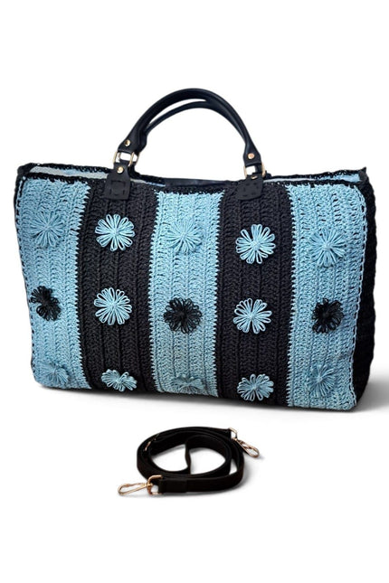 Springmoonatelier | Handmade Crochet Tote Bag – Blue & Black Large Shoulder Bag