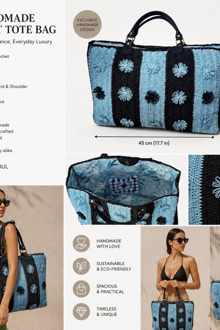 Springmoonatelier | Handmade Crochet Tote Bag – Blue & Black Large Shoulder Bag