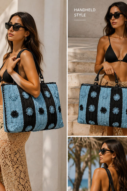 Springmoonatelier | Handmade Crochet Tote Bag – Blue & Black Large Shoulder Bag