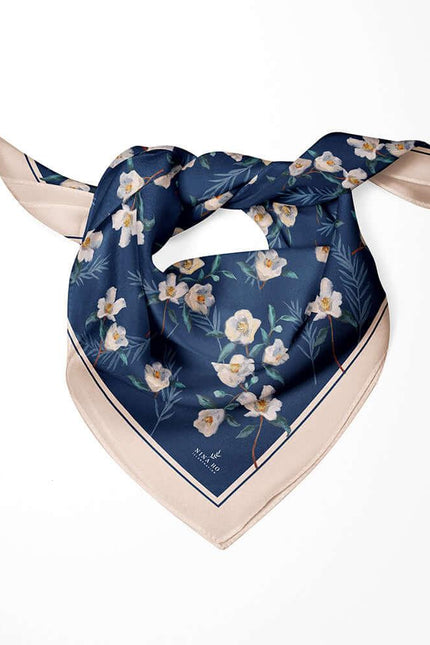 Serene Camellia Double-Sided Silk Scarf - Midnight Blue-S
