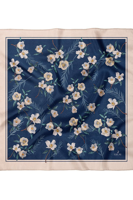 Serene Camellia Double-Sided Silk Scarf - Midnight Blue-S