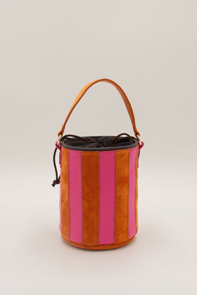 mini tambour circus buganvilla bolso de piel de rallas piel de napa y ante naranja fucsia