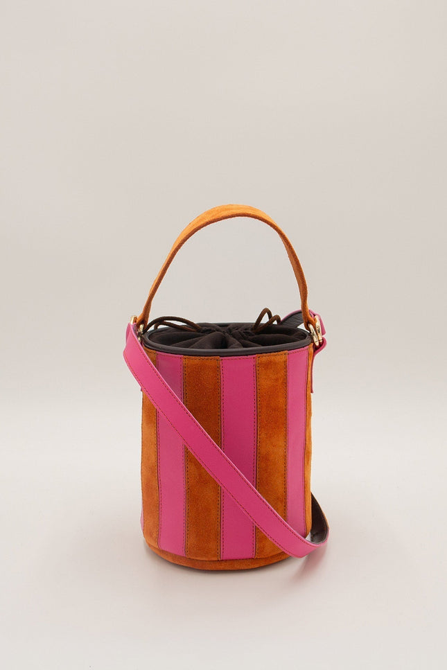 mini tambour circus buganvilla bolso de piel de rallas piel de napa y ante naranja fucsia
