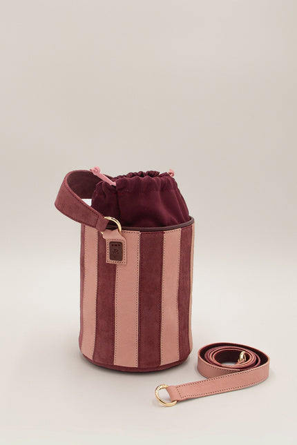 mini tambour circus original bolso de piel de rallas piel de napa y ante burdeos y rosa