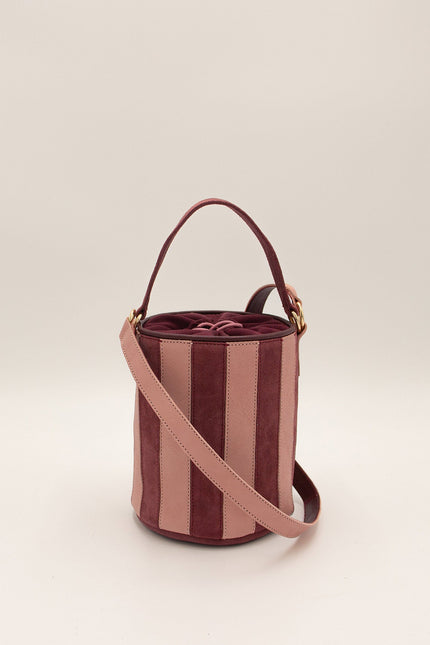 mini tambour circus original bolso de piel de rallas piel de napa y ante burdeos y rosa