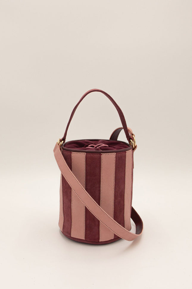 mini tambour circus original bolso de piel de rallas piel de napa y ante burdeos y rosa