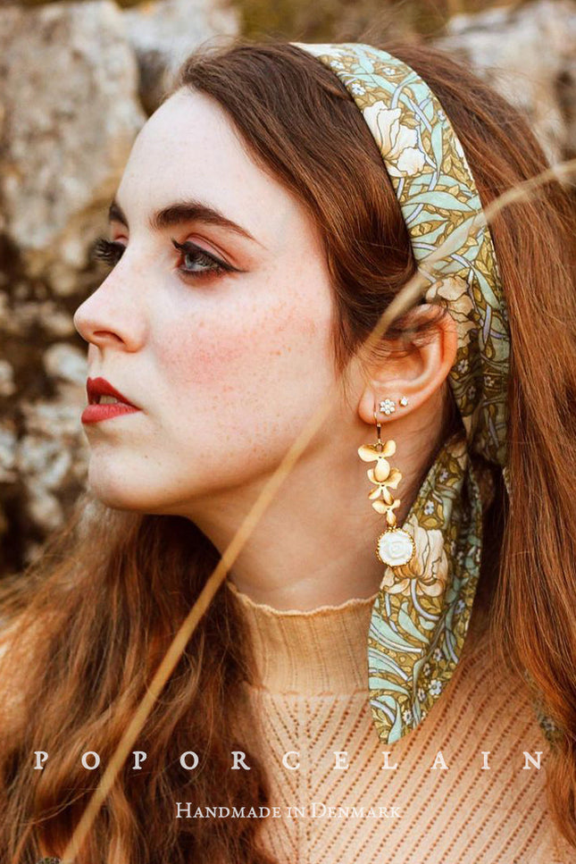 Poporcelain | Moonlight Rose and Triple Leaves Clip-On Drop Earrings