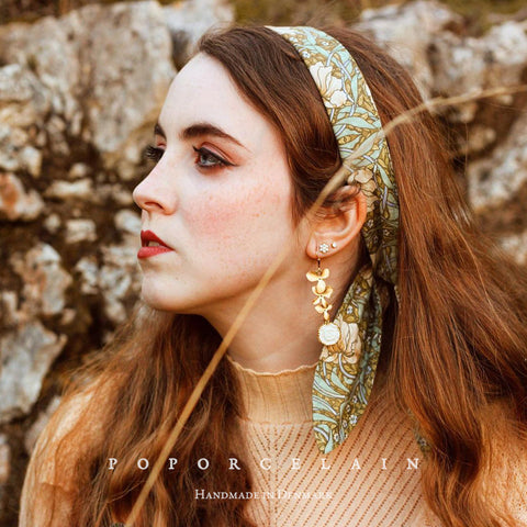 Poporcelain | Moonlight Rose and Triple Leaves Drop Earrings