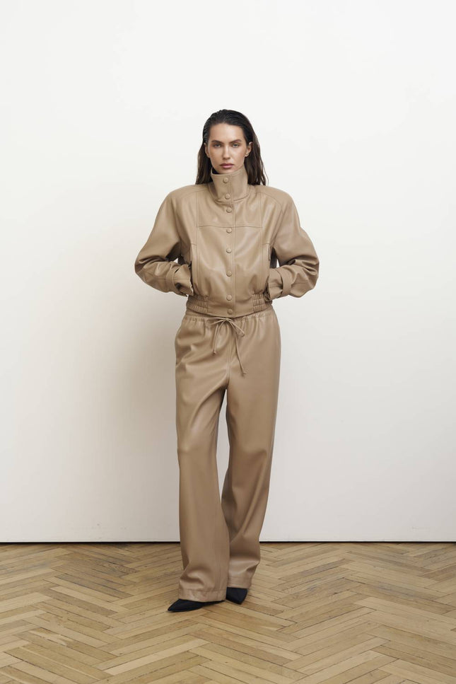 Kolosova | Beige Eco-Leather Elastic-Waist Trousers