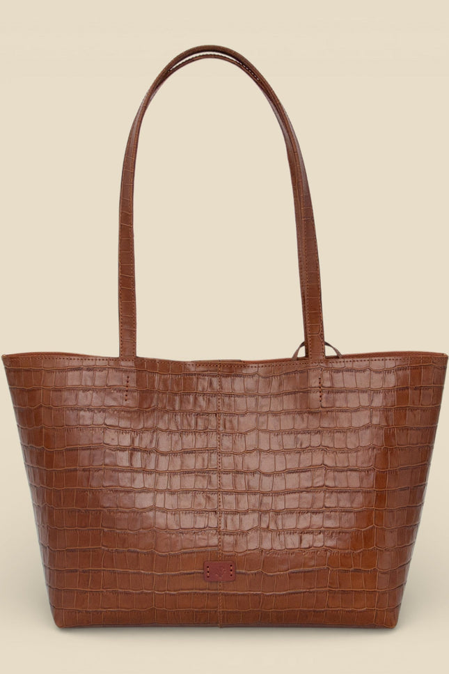 bolso de piel grabada cocodrilo nara frontal camel